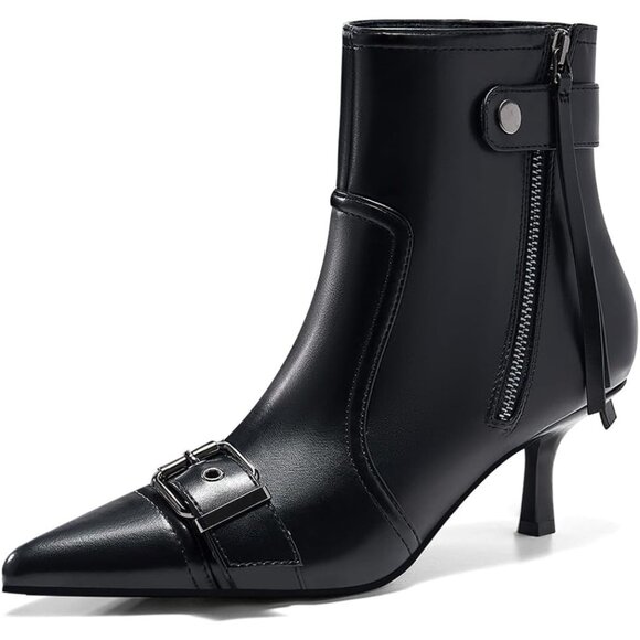 ⚡Women's Black Kitten Heel Ankle Boots Pointed Toe Buckle Side Zipper Tassel - Picture 3 of 5